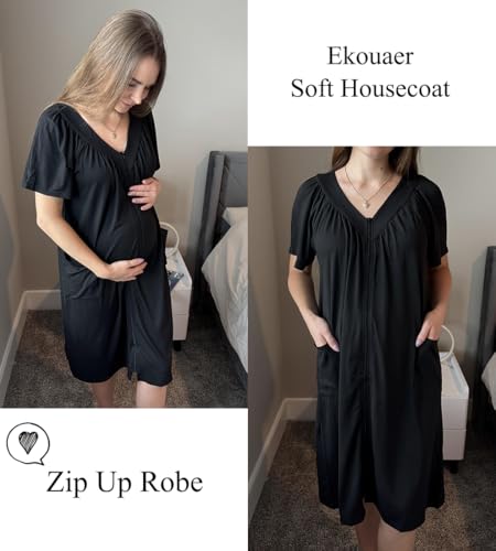 Image of Ekouaer Women Robe Zipper Front Mumu Duster Robes Zip Up Housecoat Soft Sleepwear with Pockets