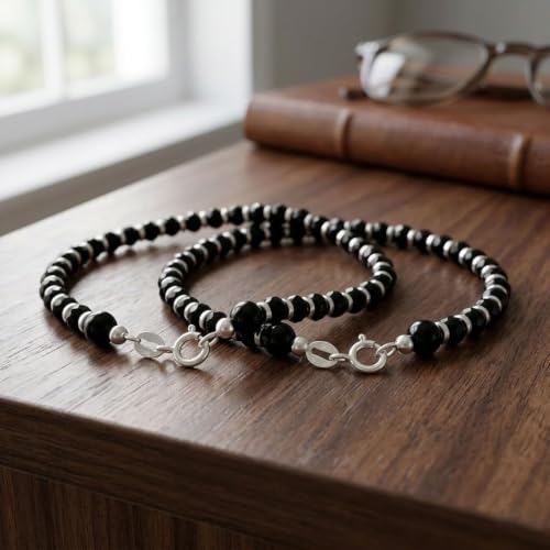 Image of Parnika (Formerly MJ 925 Traditional Silver & Black Crystals Baby Nazariya Kids Silver Bracelet in Pure 92.5 Sterling Silver for Kids - One pair