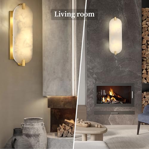 Image of 15.7 inch Natural Oval Alabaster Marble Modern Concise 2 Pack 2 Light Wall Sconce Fixture,Gold Finish for Bathroom Bedroom Hallway Bedside Staircase Vanity Mirror