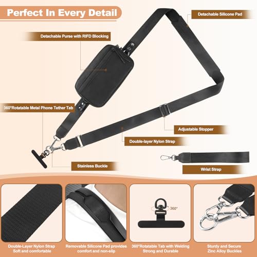 Image of YFWE Clip and Go Strap for Phone with Wallet Crossbody, Adjustable Phone Lanyard with Detachable RFID Wristlet Wallet, Black (L)