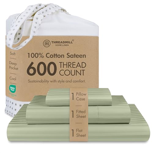 Image of Threadmill 100% Cotton Sheets for Twin Size Bed - 600 Thread Count Twin Bed Sheets Set with 15 inch Deep Pocket - Damask Stripe Sateen Weave 3-Piece Bedding Set with Cooling Effect, Sage Green