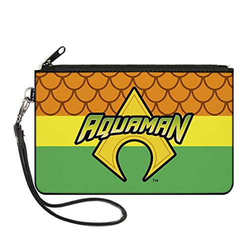 Buckle-Down Buckle-Down - Cartera con cremallera Aquaman accesorio grande, Aquaman, 8 x 5 pies, Aquaman Logo 3 Scales Stripe Naranja/Amarillo/Verde, 8' x 5'
