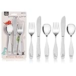Lehoo Castle Dinosaur Toddler Kids Cutlery Set, Dino 6 Pcs Stainless Steel Travel Camping Baby Cutlery Sets - 2 x Forks, 2 x Spoons, 2 x Knives, Children's Dinner Knife and Fork Sets