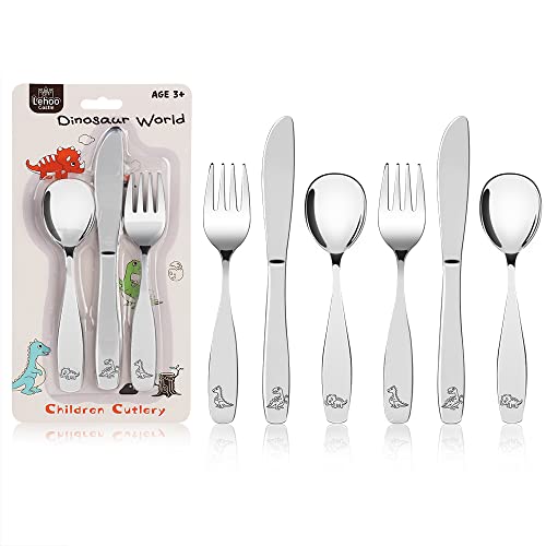 Lehoo Castle Dinosaur Toddler Kids Cutlery Set Dino 6 Pcs Stainless Steel Travel Camping Baby Cutlery Sets - 2 x Forks 2 x Spoons 2 x Knives Childrens Dinner Knife and Fork Sets