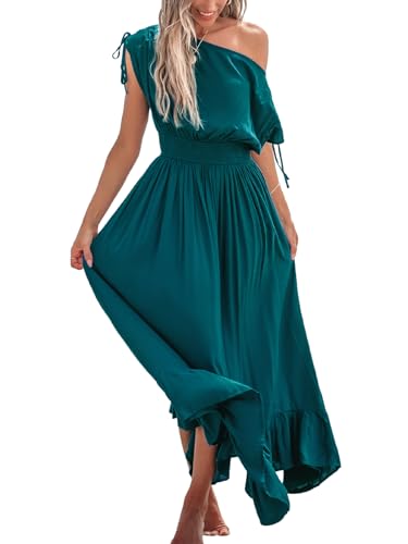 CUPSHE Women's Maxi Dresses Casual Summer Sundress Sleeveless Smocked One Shoulder Ruffled Long Beach Formal Dress