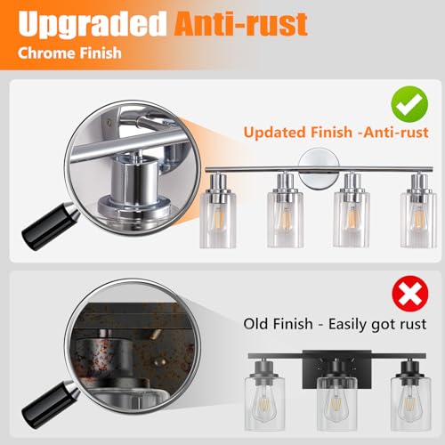 Image of DLLT 4-Light Bathroom Light Fixtures: Chrome Modern Vanity Lights with 4 E26 Bulbs - Clear Glass Shade Bathroom Wall Lamp for Mirror Kitchen Living Room Hallway Cabinet Porch
