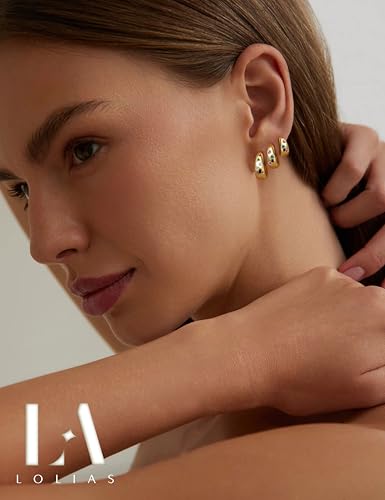 14K Gold Plated Hoop Earrings Set for Women - 3Pairs Chunky 14K Gold Plated Silver Huggie Earrings Small Earrings Lightweight Hypoallergenic MultiColored CZ Hoop Earrings Stacks for Multiple Piercing2