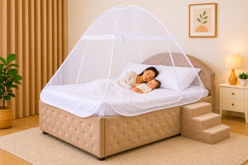 Image of Healthy Sleeping Mosquito Net | Double Bed | Supreme King Size Bed | Foldable Machardani with 2 Side Zipper Opening | Strong 30GSM Polyester Net | PVC Coated Steel Wire (White)