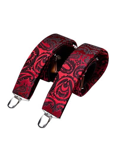 Image of Barry.Wang Men Suspender Set with Necktie Elastic Y Type Heavy Duty 6 Clips Braces Tie Handkerchief Cufflink Pin 6PCS