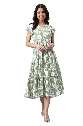Image of Janasya Women's Georgette Printed Flared Western Dress
