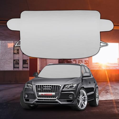 Image of NEEDZ 2in1 Windshield Cover for Sun and Snow | Light Weight 170T Silver Coated Fabric Premium Windshield Protection for Cars, SUVs, Trucks | Secure Fit Waterproof Frost Cover | Large (88 inchx39 inch)*