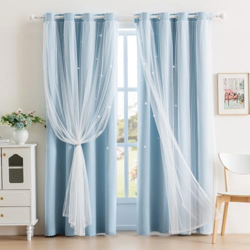 Image of indistar Star Cutout Kids Window Blackout Curtains for Girl Bedroom Window Room Darkening Curtains & Drapes Baby Nursery Curtains (2 Panel,52Wx72L inch,Sky Blue)