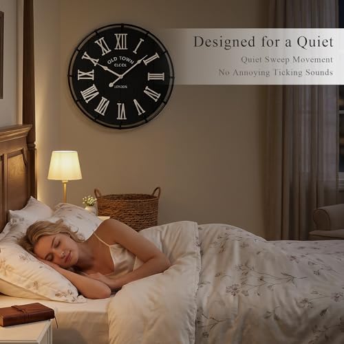 Image of EMAX HOME 20 Inch Large Farmhouse Wall Clock, Rustic Black Distressed Wood Grain Face with White Roman Numerals, Silent Non-Ticking Quartz Movement, Metal Frame Wall Decor for Living Room, Bedroom.