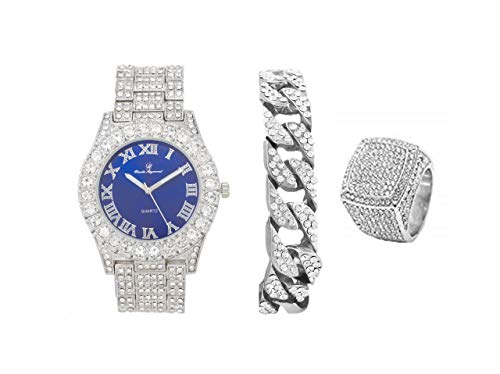 Mens Silver Big Rocks Bezel Royal-Blue Dial with Roman Numerals Fully Iced Out Watch w/Cuban Chain Bracelet & Ring Size 11- Royal Blue/Silver - ST10327CBS (11)