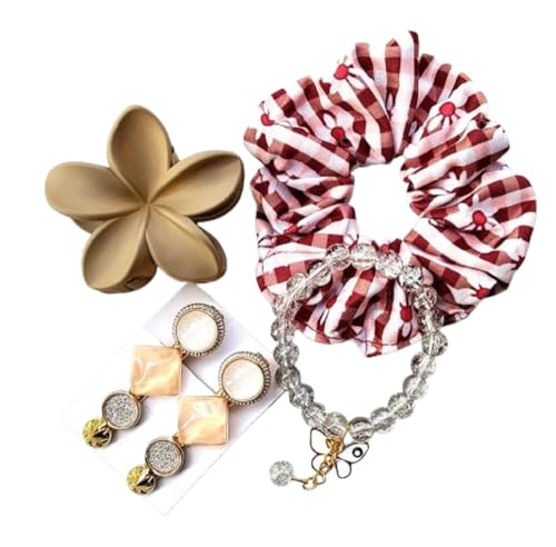 Image of Hair Scrunchie with Crystal Beads, Pink Striped Pattern, Flower Charm Detail, Fashion Hair Accessory