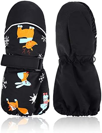 SATINIOR Kids Ski Mittens Winter Snow Waterproof Mittens Toddler Gloves Warm Windproof Mittens for Boys Girls (Black, 3-7 Years)
