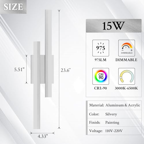 Image of LED Wall Sconce Silver Modern Remote Wall Light Fixtures for Living Room, Dimmable LED Vanity Light Indoor Remote Wall Sconce for Bedside Bedroom Bathroom Dining Room, L23.6inch 1 Pack