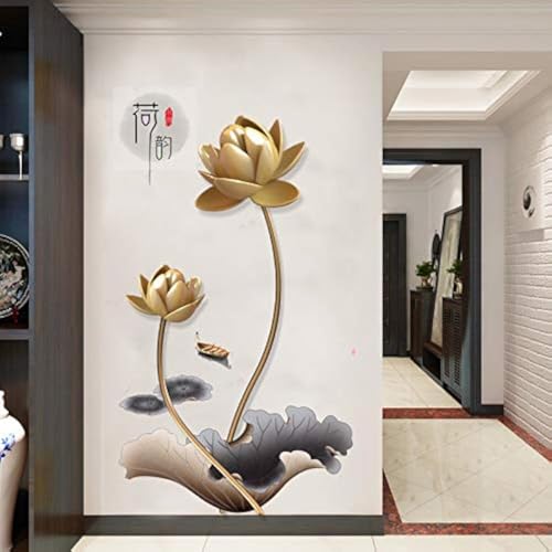 COVPAW® Sticker mural, taille XXL, motifs lotus et fleurs, or, décoration pour séjour et chambre à coucher