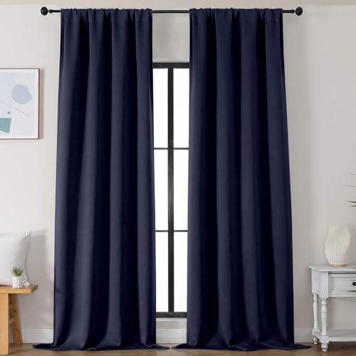 Image of Simplebrand Navy Blue Blackout Curtains for Bedroom 102 Inches Long 2 Panels, Solid Thermal Insulated, Energy Saving Living Room Window Treatment Curtains Blackout Drapes, W50 x L102 Inch, Navy Blue