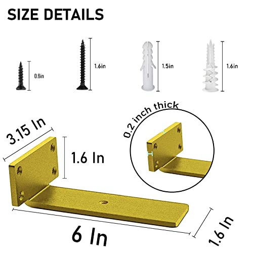 Floating Shelf Brackets Heavy Duty - 1/5 Inch Thick Industrial Gold Metal L Brackets, Premium Solid Steel Shelf Supports For Shelves - 6 Inch Heavy Floating Shelves Hardware (6Pcs) #TOP1