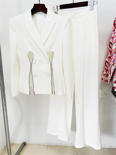 Women's Diamonds Two Piece Suit Hollow Out Blazers Coat Wide Leg Pants Elastic Waist Female Long Trousers Suits2