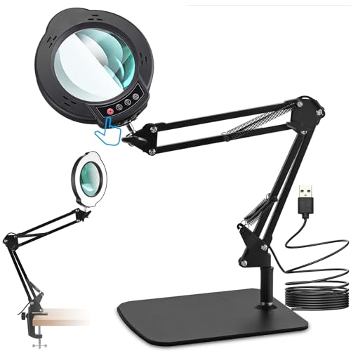 eSynic 10X Magnifier Lamp Desk Magnifying Glass with 84 LED Light Tabletop&Clamp Style with Metal Base| 10-Level Brightness| Warm&Cold Light| 50cm Adjustable Arm| USB Powered for Reading Craft Hobbies