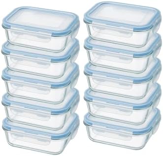 Kit 10 Potes Herméticos Retangulares 640ml Tampa Azul de Vidro Pa...