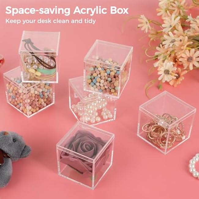40 Pcs Acrylic Boxes - Clear Small Square Display Boxes, 2.2 x 2.2 x 2.2 in, With Lids for Candy, Pill, Earring, Jewelry, Tiny Beads