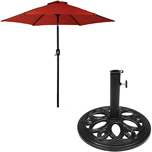 Sunnydaze 7.5 Foot Aluminum Burnt Orange Outdoor Patio Umbrella With Tilt And Crank And 18-Inch Black Heavy-Duty Cast Iron Patio Umbrella Base Stand #TOP25