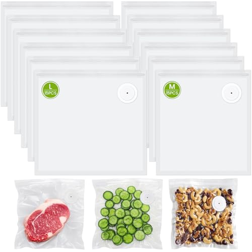 FEPPO Vacuum Sealer Bags for Food,15 PCS 8.3"×8.7" & 15 PCS 10.2"×11" Reusable Vacuum Seal Bags with Air Valve for Food Storage, Ideal for Freshness
