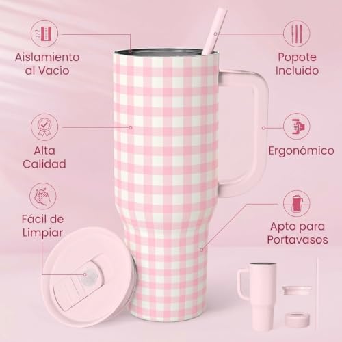 Image of SANDJEST Pink Gingham 40oz Slider Tumbler with Handle and Straw - Insulated Stainless Steel Travel Coffee Mug for Women Girls, Gift for Birthday, Christmas