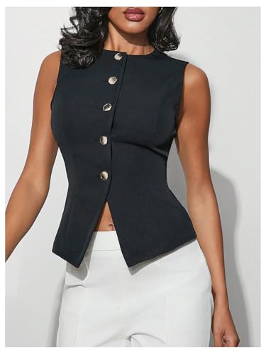 MakeMeChic Women's Vest Top Crew Neck Button Down Casual Blazer Vests Sleeveless Work Office Tops4