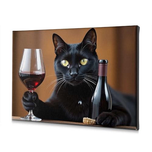 Toile chat noir et vin rouge : une décoration murale humour pour égayer votre salon