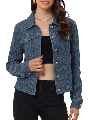 Allegra K Women's Denim Jacket Button Down Collared Long Sleeve Texture Casual Washed Jean Jackets