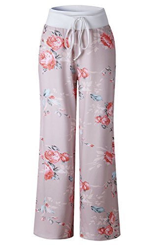 Image of AMiERY Women's Comfy Casual Pajama Pants Floral Print Drawstring Palazzo Lounge Pants Wide Leg