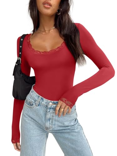 REORIA Women's Lace Long Sleeve Scoop Neck Slim Bodysuit