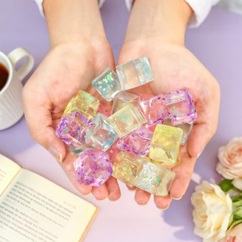 Image of 24Pcs Glitter Ice Cube Squishy,Bulk Stress Sparkle Fidget Toys, Ice Cube Squeeze Toys - Square Sensory Toys, Squeeze Toys - Small Stress Balls for Adults, Perfect Party Toy Gift