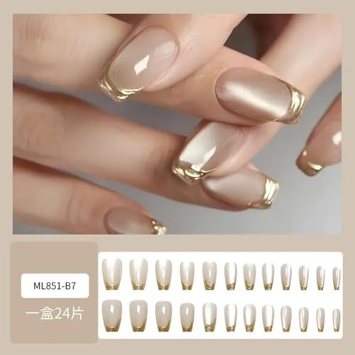 Image of Gold French Tip Press On Nails Square Shape | Nude Glossy Fake Nails with Metallic Chrome Edge Design | Short Medium Stick On Nails Reusable Full Cover Artificial Nails for Women | Reusable Nail Extension For Women With Glue Tab | Long Lasting Glossy Finish Artificial Nails | Easy to Apply Fake Nails for Salon Look at Home | Stick-On Manicure Kit For Parties, Weddings And Gifts | Trendy Nail Art Set for All Occasions (Peach-GoldCatEye)