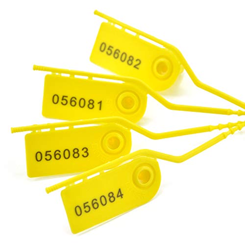 100 Pull Tight Security Seals Tamper Plastic Numbered Tags Fire Extinguisher Seal Self Locking Disposable Zip-Ties Adjustable Length for Clothes, Shoes and Bags 210mm Yellow