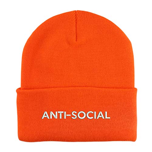 Trendy Apparel Shop Anti Social Embroidered Winter Long Cuff Beanie - Neon Orange