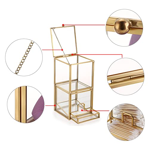 Hipiwe Gold Glass Qtip Holder With Lid 2 Compartments Cotton Balls Swab Organizer Cotton Round Pads Holder Makeup Pad Cosmetic Storage Case Q-Tip Dispenser For Dresser Countertop #TOP3