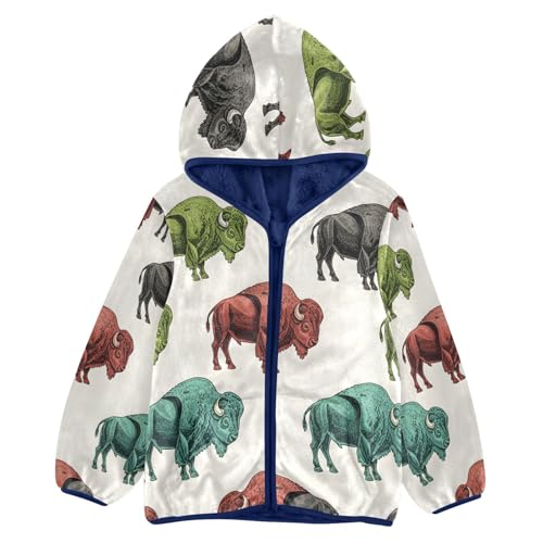 Colorful Bison Pattern Toddler Fleece Jacket Girl Boys Hooded Fleece Jacket Coat Warm Outwear Zip-up 3-10T