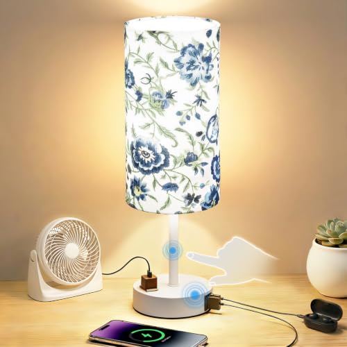 Image of Table Lamp, Dimmable Touch, AC Outlet, USB A+C (Printed&White) | 3-Way Dimmable, Small Touch Lamp with Eye-Care LED Bulb, Ideal Bright Lighting Bedside Lamps for Nightstand, Bedroom, Reading