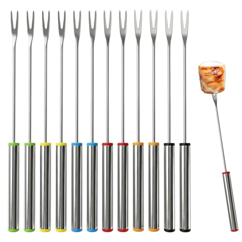 Stainless Steel Fondue Forks,12 PCS Color Coded Cheese Fondue Forks for Chocolate Fountain Cheese Fondue,Heat Resistant Smores Sticks(9.5 Inch)
