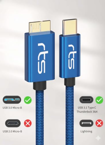 Image of rts Type-C to Micro B External Hard Disk Drive HDD Cable (50CM) Micro B to USB C Cord 10Gbps USB C to Portable Hard Disk Cable Compatible for WD Seagate Hitachi Buffalo, LaCie, iPad /Tablet, iPhone 15
