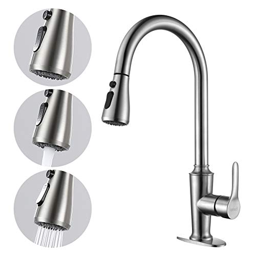 Opiucl Kitchen Faucet with 3 Modes Pull Down Sprayer Single Handle High Arc Brushed Nickel Kitchen Sink Faucet with Deck Plate Single Level Stainless Steel Utility Sink Faucets for Laundry