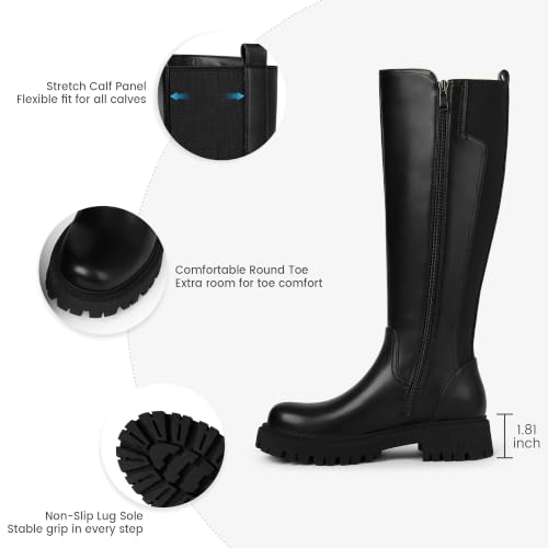 Image of TEAIEU Knee High Boots for Women, Platform Chunky Block Low Heel Tall Boots, Round Toe Side Zipper Fall Long Boots for Dress, Stretch Calf, Comfortable