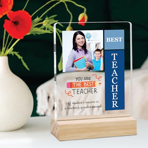 Image of Giftplease Best Teacher Plaque | Personalized Photo Frame with Wooden Stand | Appreciation Gift for Teachers | Teacher's Day Retirement Farewell Gift (Custom Photo & Text CTH 01