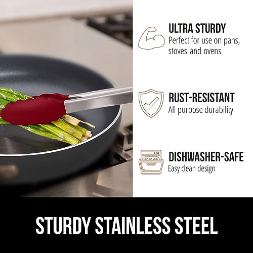 Image of GORILLA GRIP Stainless Steel Heat Resistant Kitchen Tongs for Cooking, 9 + 12 Inch, Set of 2 BBQ Tong, Non Scratch Silicone Tip for Pan, Strong Grip, Grab Food, Toss Salad, Air Fryer, Pull Lock, Red