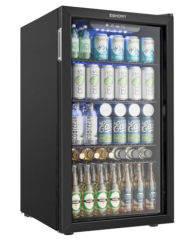 EUHOMY Beverage Refrigerator and Cooler, 128 Can Mini fridge with Glass Door, Small Refrigerator with Adjustable Shelves for Soda Beer or Wine, Home/Bar/Office, Black
